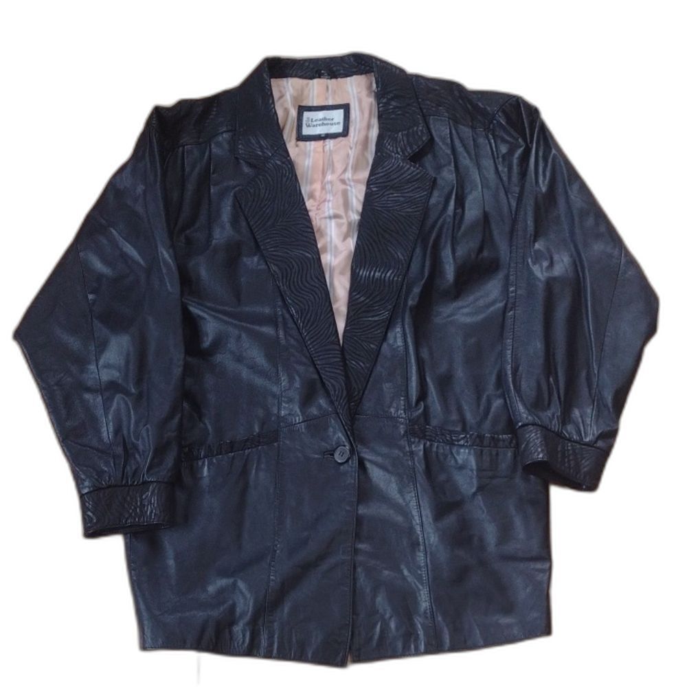 The Leather Warehouse Black Leather Blazer with Animal Print Trim Size 6